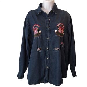 Vintage Way To Go Chambray Noah’s ark Embroidery Button Up Top Size L